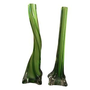 Pair Vtg Mid-Century Emerald Green Twisted  Swirl Art‎ Glass Bud Vases MCM Decor